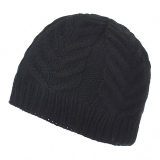 Handmade in Nepal, Oxford Beanie with cable knit pattern on a white background.