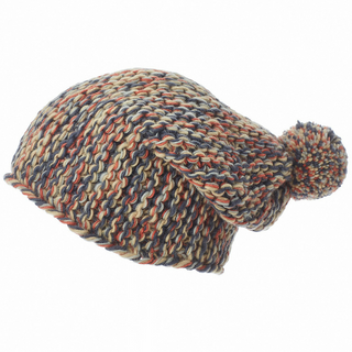 A handmade, multicolored wool Luna Park Slouch hat with a pom pom.