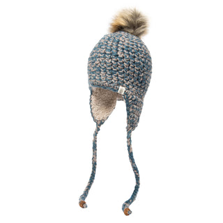 A blue Chunky Knit Earflap hat with a fur pom.