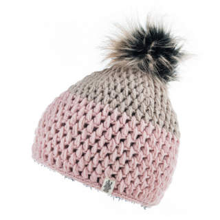 A pink Dimensions Crochet Beanie with a fluffy black and gray faux fur pom-pom on top, isolated on a white background.