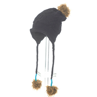 A black Frontside Slouch hat with pom poms on a stand.