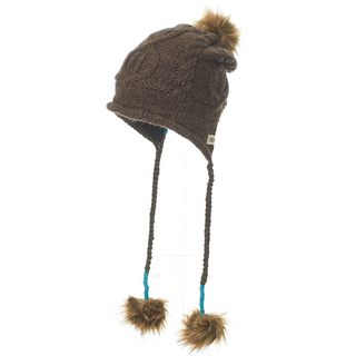 A brown Frontside Slouch hat with pom poms on it.