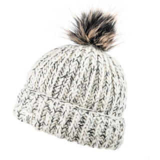 A handmade knitted wool Clarkson Beanie with a fur pom.