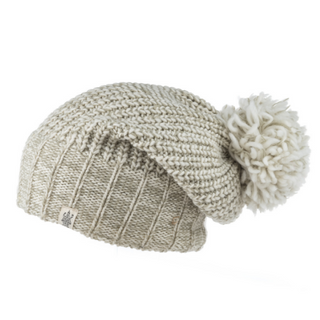Handmade in Nepal Union Slouch beanie with a pom-pom on a white background.
