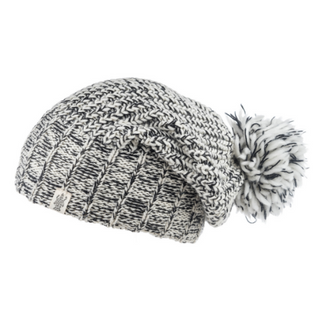 A gray and white knitted Union Slouch beanie with a pom-pom on top, isolated on a white background.