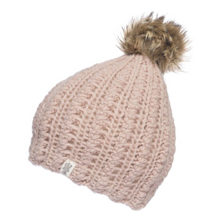 Pink Layla Beanie hat with a faux fur pom-pom on top, isolated on a white background.