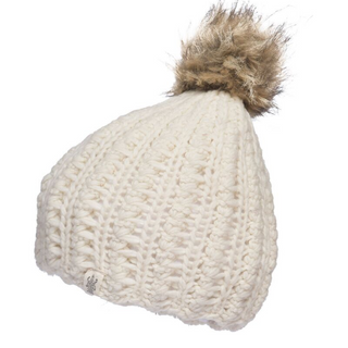 Handmade in Nepal, Layla Beanie with a scallop knit pattern and a fluffy pom-pom on top against a white background.