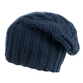 A Oversized Cable Merino Slouch hat on a white background.
