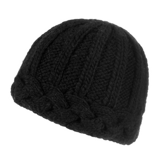 A black knitted Braided Edge Hat, isolated on a white background.