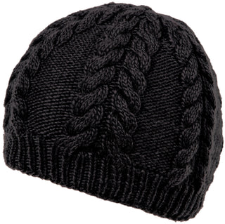 A handmade in Nepal, black Cable Beanie with a cable knit pattern.