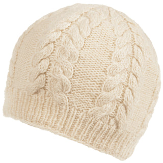 Handmade in Nepal, Cable Beanie knit with cable pattern on a white background.