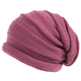 A purple, Stripe Tube Slouch knitted beanie on a white background.