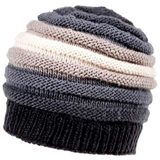 A Round Gradient Merino Beanie with horizontal stripes in shades of gray and cream, displayed against a white background.