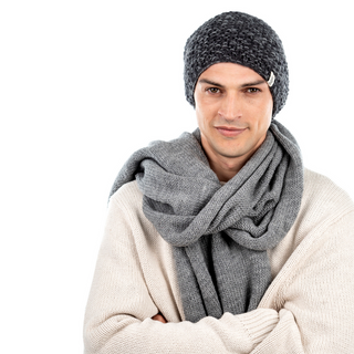 A man in a Marich Pattern Long Pull On Cap and scarf.