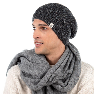 A man wearing a Marich Pattern Long Pull On Cap and scarf.