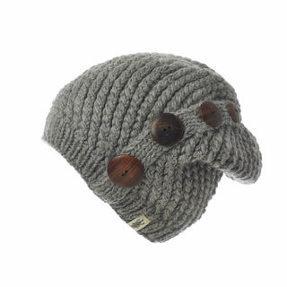 A gray Four Button Knit Beret Cap with a ribbed design, handmade in Nepal.