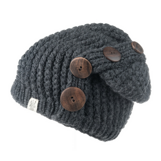 A charcoal gray merino wool Four Button Knit Beret Cap displayed on a white background.