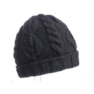 A black Leaf Pattern Cap w/ Rib Fold with cable patterns on a white background.