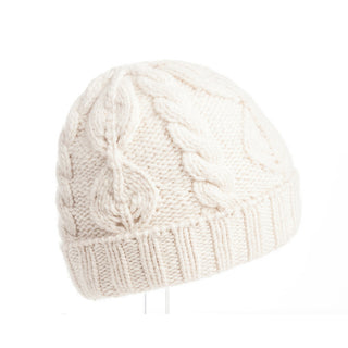 A white Leaf Pattern Cap w/ Rib Fold with a cable pattern on a white background, handmade in Nepal.