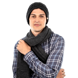 A man in a plaid shirt wearing a Triple Braid Cable Slouch, scarf, and displaying an innovative fitness tracker.