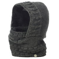 A Hand Knit Legends Hood in dark gray, unisex and crafted from cozy merino wool, features a textured woven pattern and functions as both a hooded scarf and neckwarmer. It is displayed standing upright on its own against a white background.