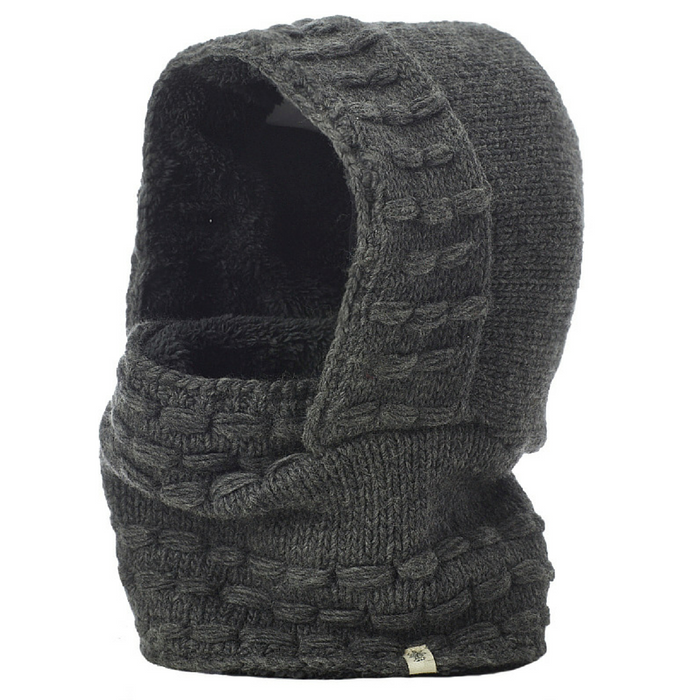 A Hand Knit Legends Hood in dark gray, unisex and crafted from cozy merino wool, features a textured woven pattern and functions as both a hooded scarf and neckwarmer. It is displayed standing upright on its own against a white background.