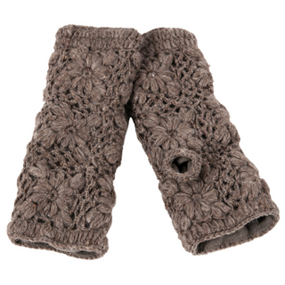 Flower Crochet Handwarmers: Brown wool, crochet-style fingerless gloves featuring a floral pattern and thumb openings, laid flat on a white background—ideal winter gloves for women.