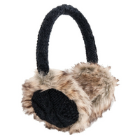 A pair of Hand Knit Cable Adjustable Earmuffs With Faux Fur, featuring a black knitted headband and ear covers trimmed with light brown faux fur lining, displayed on a plain white background.