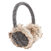 The Hand Knit Cable Adjustable Earmuffs With Faux Fur feature a thick, adjustable wool headband and round ear pads covered in plush, tan faux fur with brown accents. The contrasting textured knit fabric and soft faux fur lining highlight the craftsmanship of these handmade earmuffs, shown here against a white background.