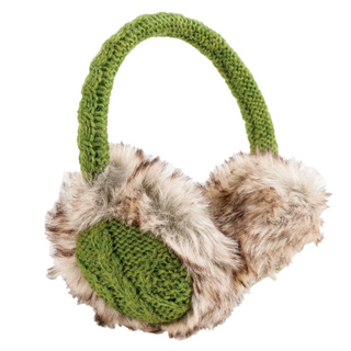 A Cable Knit Adjustable Earmuffs with faux fur and wireless charging capability.