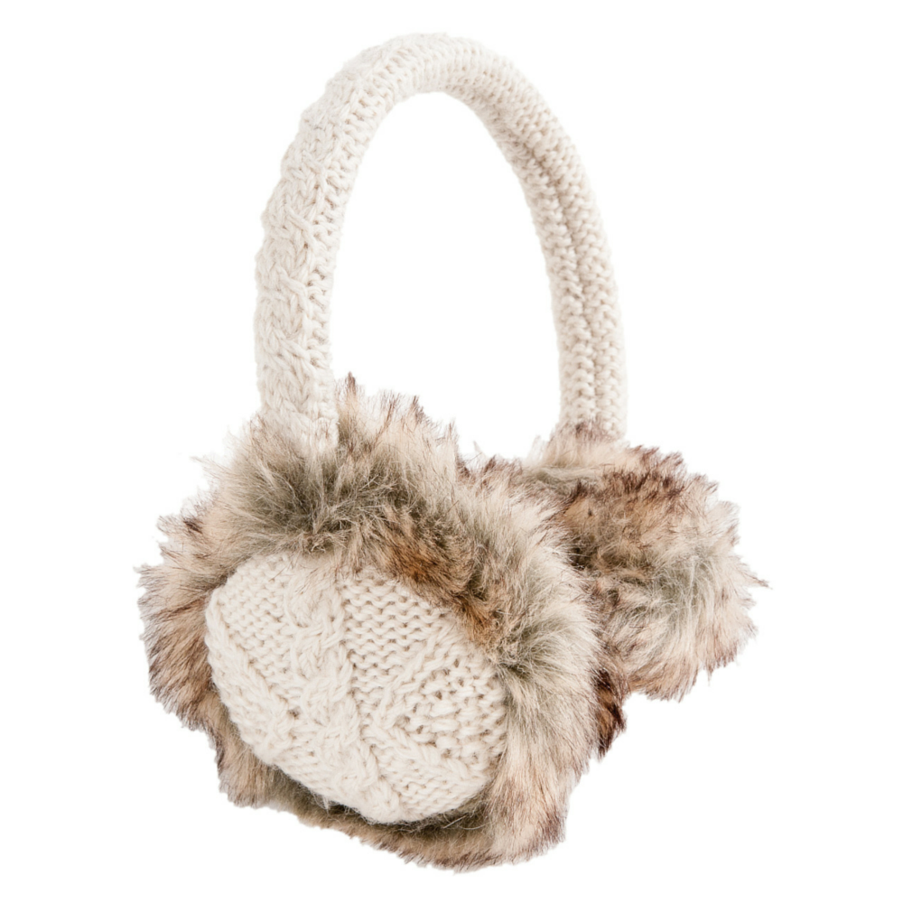 Hand Knit Cable Adjustable Earmuffs With Faux Fur, featuring a cream-colored headband and ear covers accented with light brown faux fur lining, are shown against a plain white background.