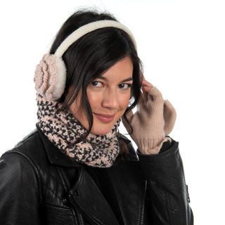 A woman wearing a scarf and Camellia Earmuffs.