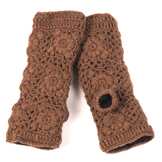 The Flower Crochet Handwarmers are a brown pair with a floral pattern and thumb holes, shown laid flat on a white background.