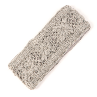 A grey wool Flower Crochet Headband- SOLIDS on a white background.