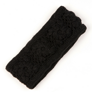 A handmade black Flower Crochet Headband- SOLIDS with fleece lining on a white background.
