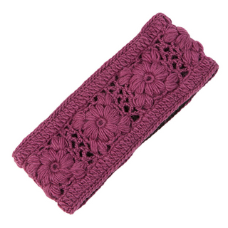 A handmade burgundy wool Flower Crochet Headband- SOLIDS with crocheted flowers.