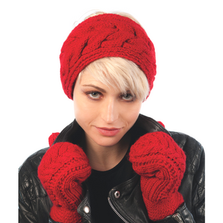 A woman with short blonde hair wearing a Soho Headband with Elastic Button Closure in red, and matching red mittens, posing against a white background.