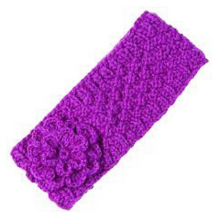 A purple wool Monochrome Flower Headband with a handmade flower crochet design on the side from Nepal.