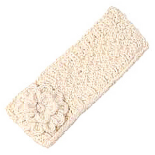White, rectangular Monochrome Flower Headband with an embossed flower crochet pattern on one end.