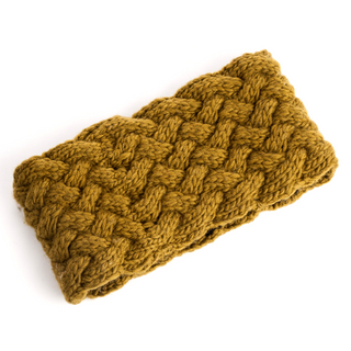 A Holden Headband in mustard yellow with a cable stitch pattern and fleece lining, displayed against a white background.