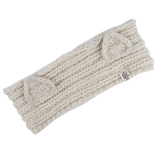 A white knitted wool Kit Kat ear warmer headband with cable patterns and a visible tag on the right side.