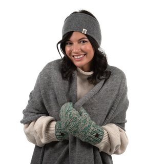 A woman wearing a handmade Air Wrap Scarf and gloves.
