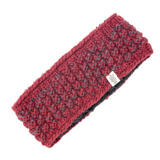 A knitted Aurora Headband in red and grey, made from merino wool.
