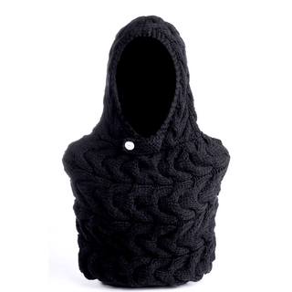 A black Chunky Hood w/ Button, crafted from merino wool with a cable pattern design and a single button near the neck area, displayed on a white background.