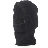 The Hand Knit Legends Hood, a unisex merino wool balaclava featuring a textured, woven pattern in black, is displayed upright against a plain white background.