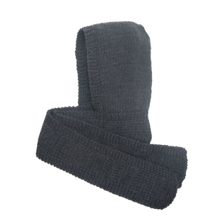 A dark gray merino wool knitted Champion Hood Scarf and beanie set with sherpa fleece lining against a white background.