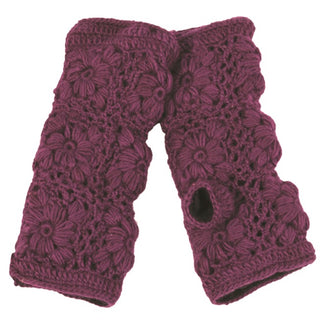 Flower Crochet Handwarmers made of maroon yarn, with a crochet floral pattern and thumb opening, shown on a white background—perfect winter hand warmers for women.