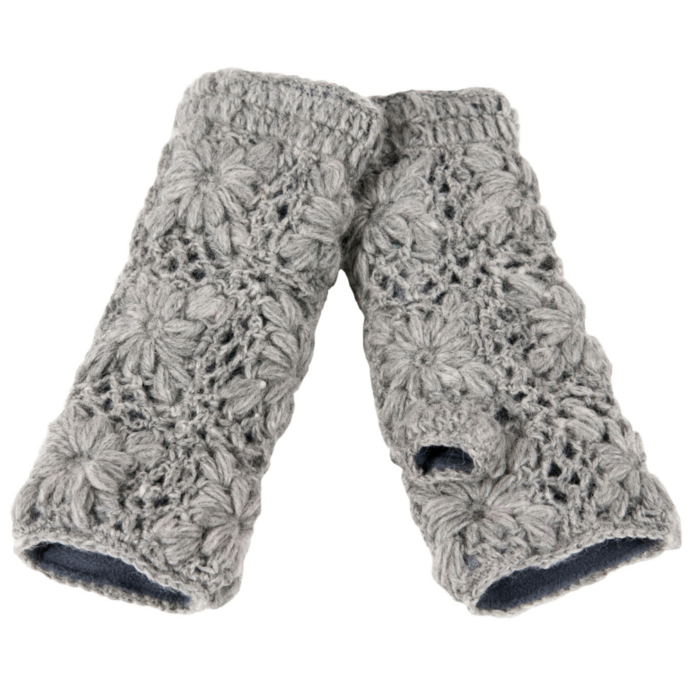 A pair of Flower Hand Crochet Fingerless Gloves in grey wool, featuring a floral crochet pattern and thumb holes, are displayed side by side on a white background.
