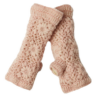 A pair of Flower Hand Crochet Fingerless Gloves in light pink wool, featuring an intricate floral pattern and ribbed edges, are displayed overlapping on a white background. These handmade fingerless gloves showcase elegant detailing and cozy charm inspired by classic floral crochet styles.