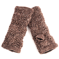 A pair of Flower Hand Crochet Fingerless Gloves in brown with a floral crochet design and thumb opening, beautifully handmade and displayed on a white background.